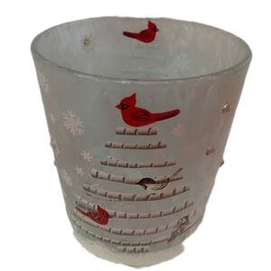 Holiday Glass Candle Holder with Red Birds